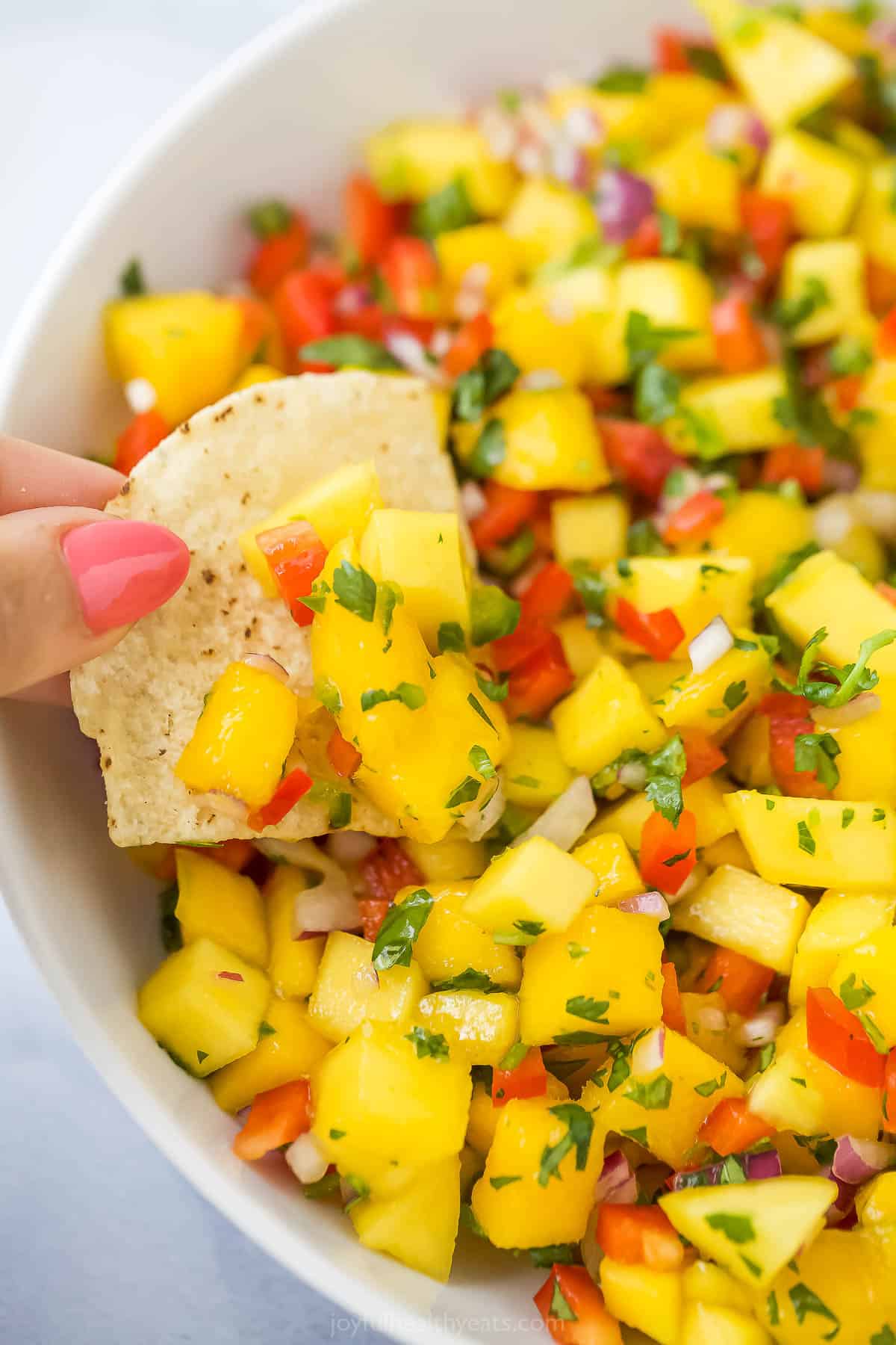 Fresh lime juice, red pepper, jalapeño and more make this Mango Salsa a super refreshing condiment that packs a punch of tropical goodness. A close-up shot of a tortilla chip being dunked into a bowl of mango salsa