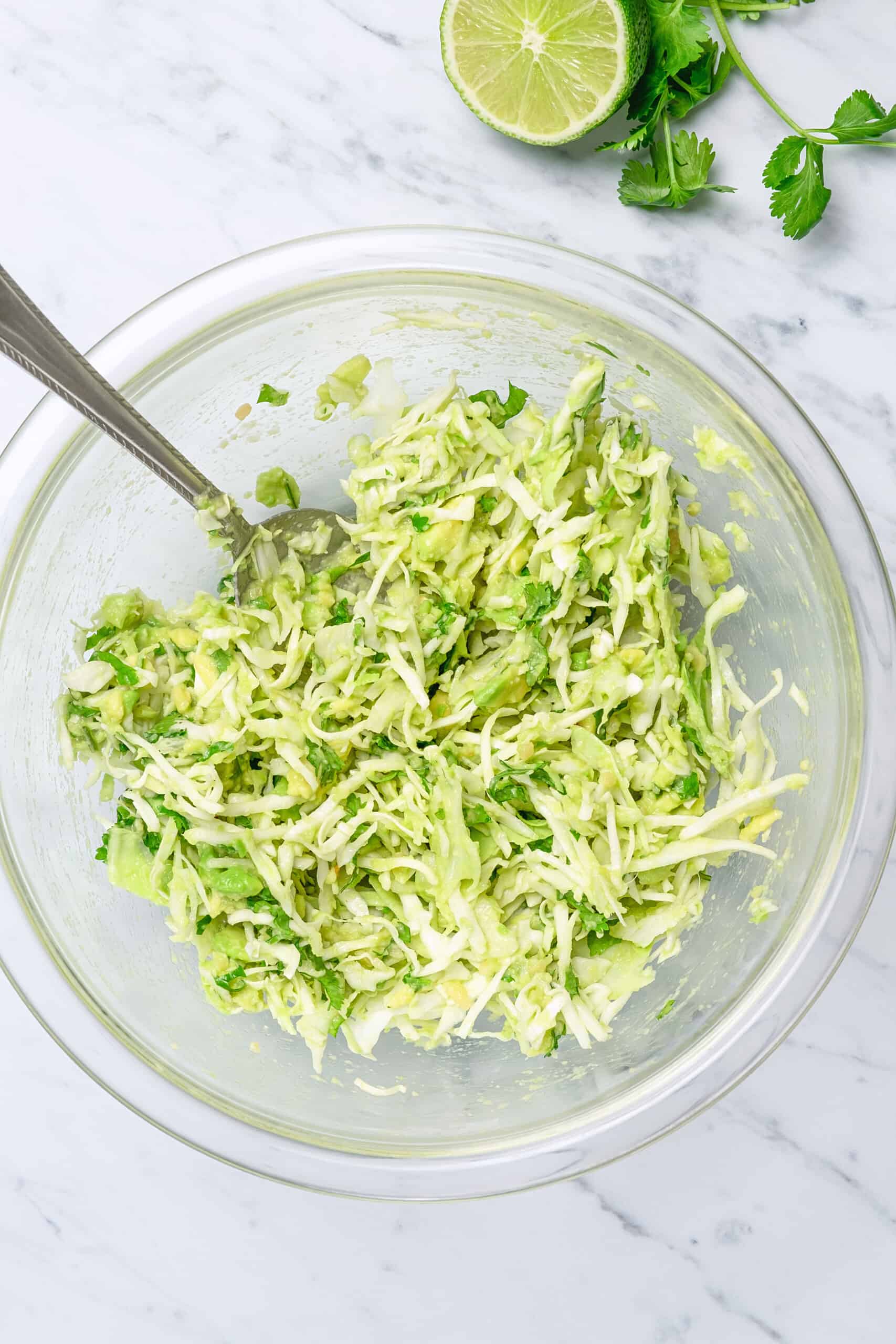Tossing cabbage with avocados in a bowl.
