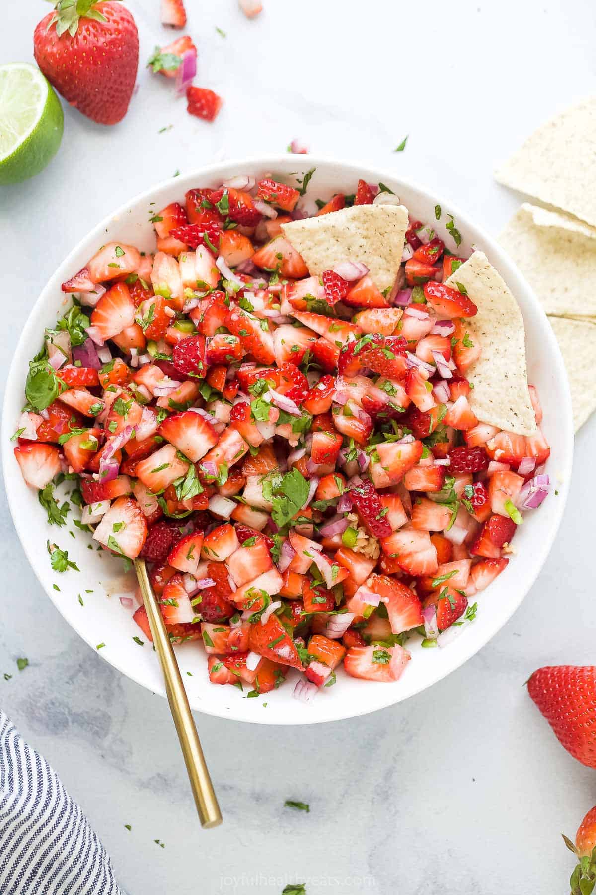 This 10-minute strawberry salsa is fruity, spicy, and tangy all in one bite. It's the perfect summer appetizer with corn chips! Strawberry salsa in a bowl with corn chips.