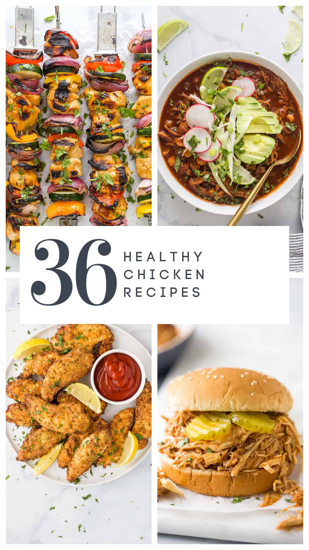 A unique and tasty variety of 36 Healthy Chicken Recipes to expand your chicken repertoire. Easy chicken recipes that are good for you! pinterest image for 36 of the Best Healthy Chicken Recipes