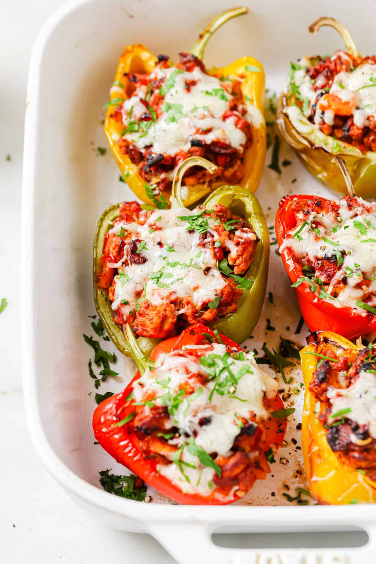 Close-up of Italian stuffed peppers with ground turkey