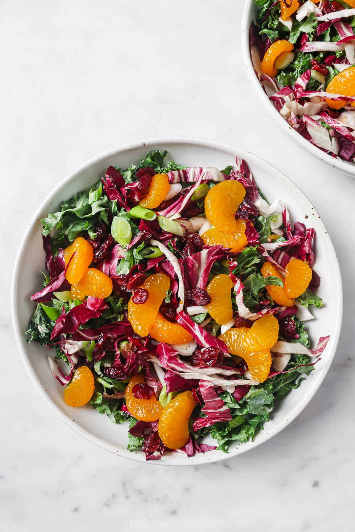 This sweet kale salad with cranberries is packed with candied pecans and mandarin oranges. With purple radicchio for a slight bitterness and crisp kale, it's the perfect summer-to-fall salad for your dinner table. Kale salad with cranberries in a bowl.