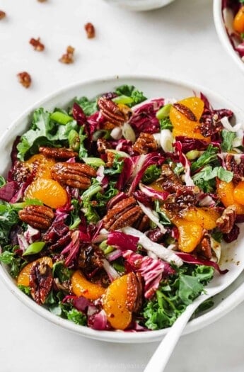 Bowl of kale salad with cranberries with a fork.