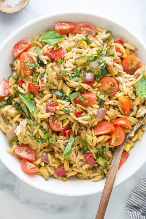 pinterest image for Grilled Vegetable Orzo Pasta Salad