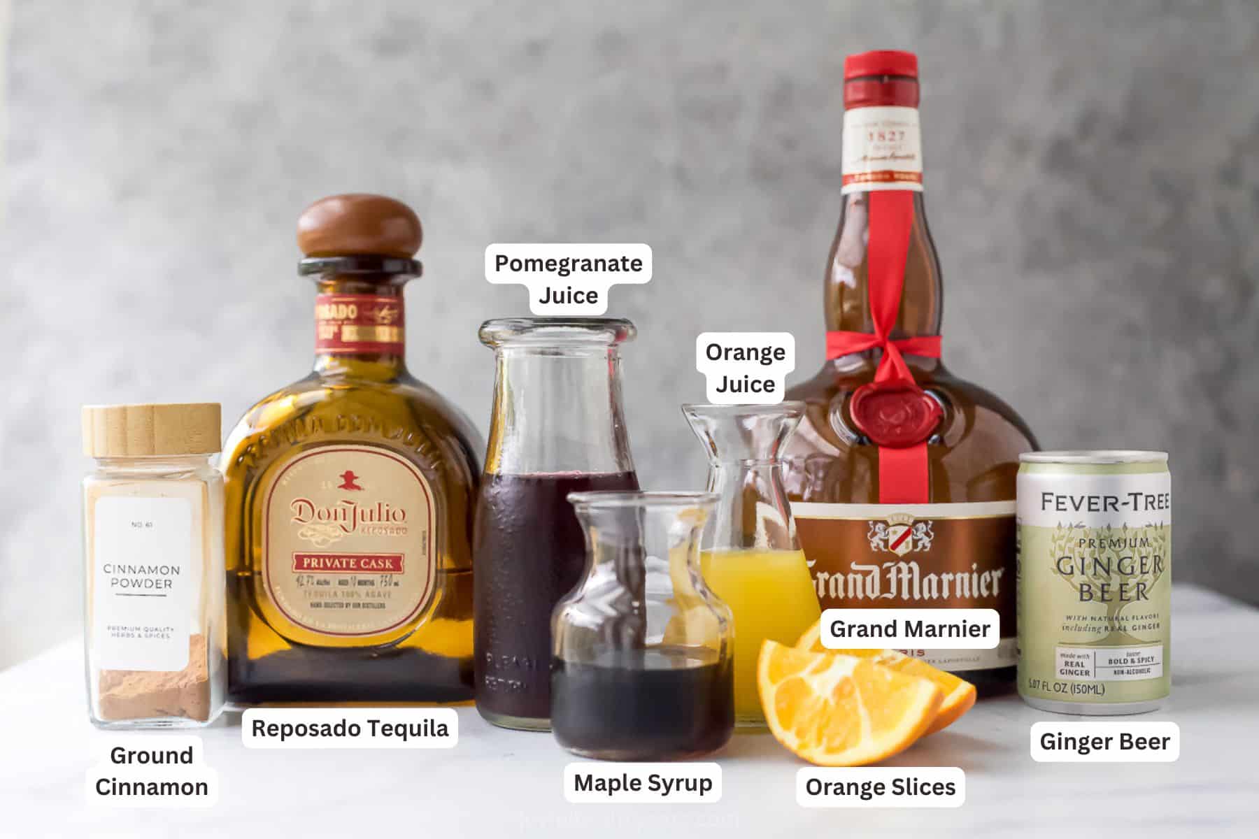 Labeled ingredients for making a Christmas margarita. 