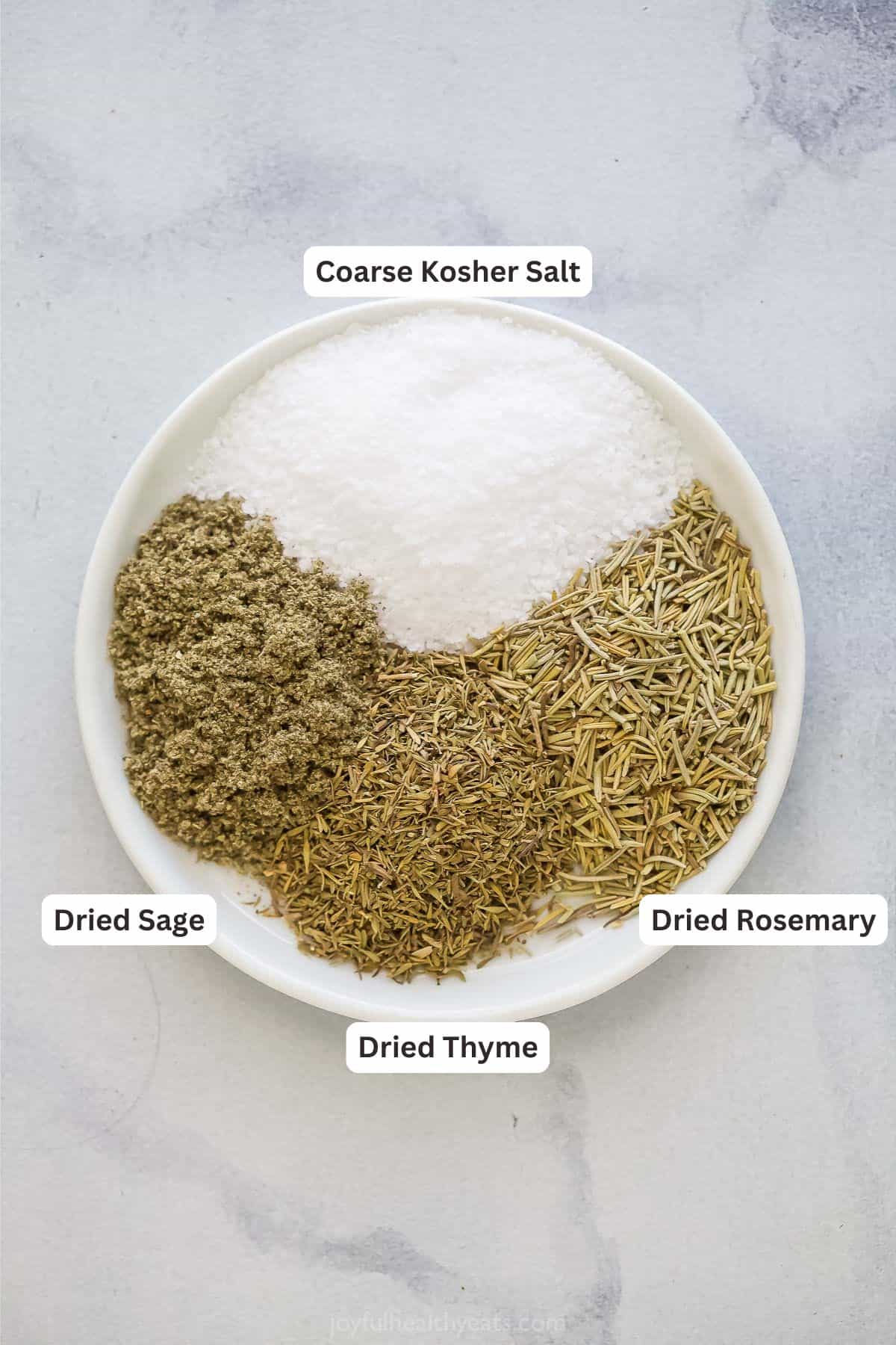 Labeled herbs for the dry brine turkey. 