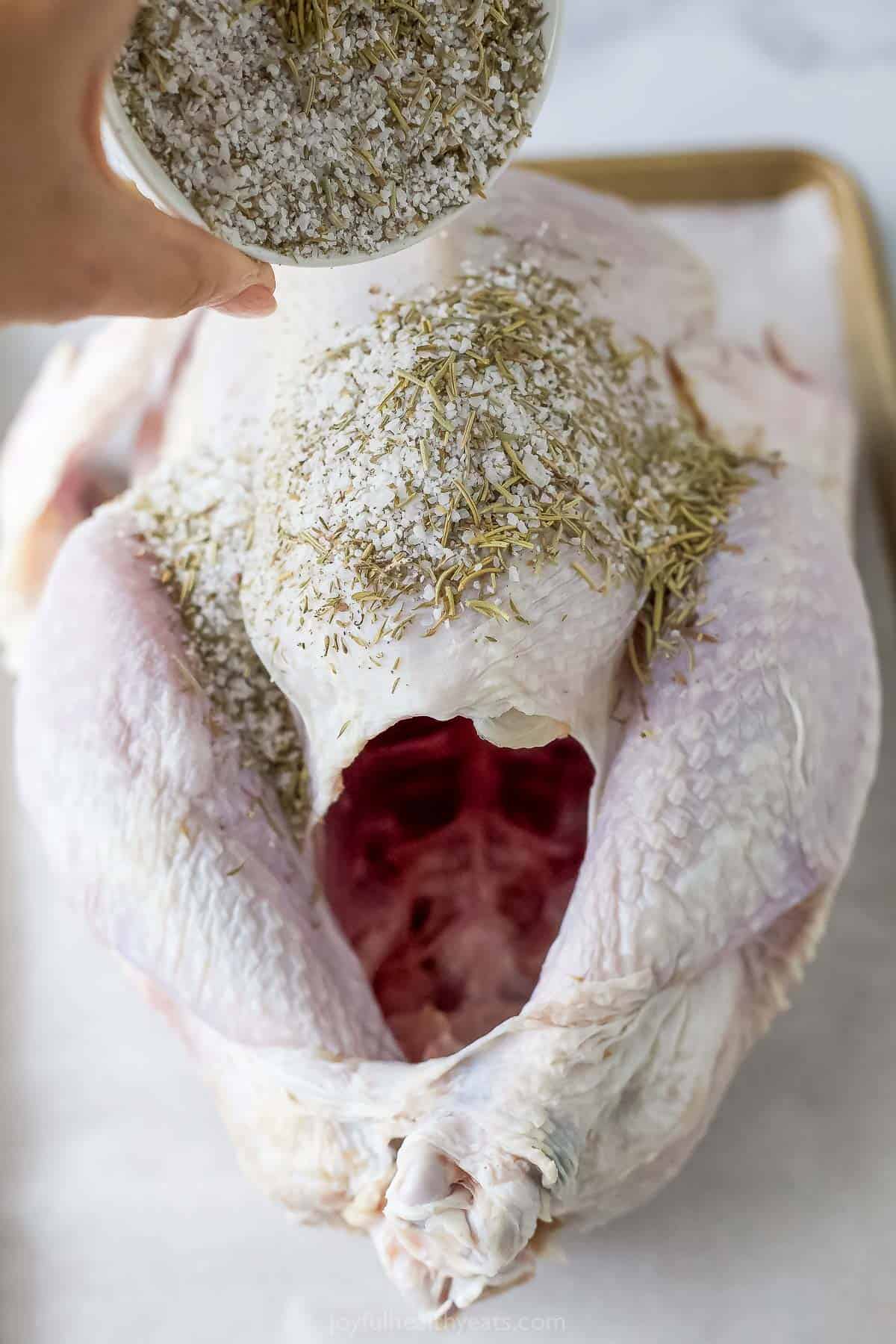 Rubbing the dry brine all over the turkey. 