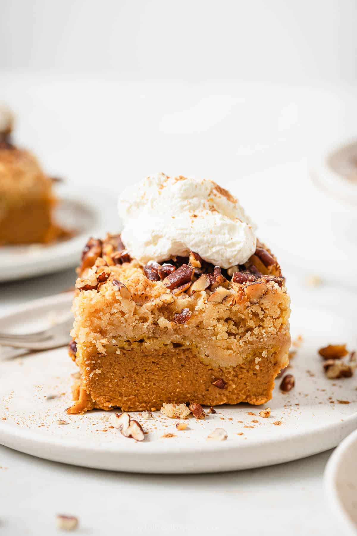 This spiced pumpkin dump cake recipe with brown sugar and crunchy pecans is an easy dessert for your Thanksgiving dinner. Sliced pumpkin dump cake with fluffy whipped cream and a sprinkle of cinnamon.