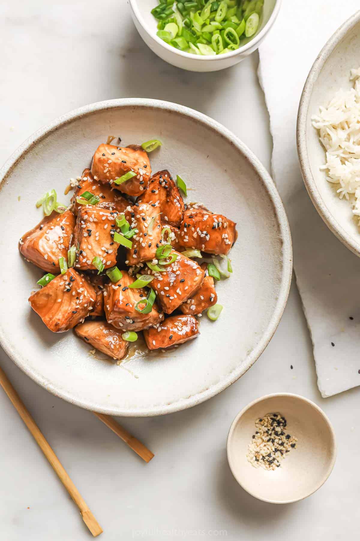 Overhead view of crispy salmon bites in bowl