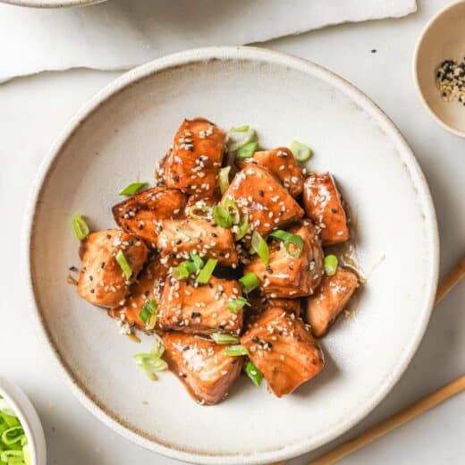 Overhead view of crispy salmon bites in bowl