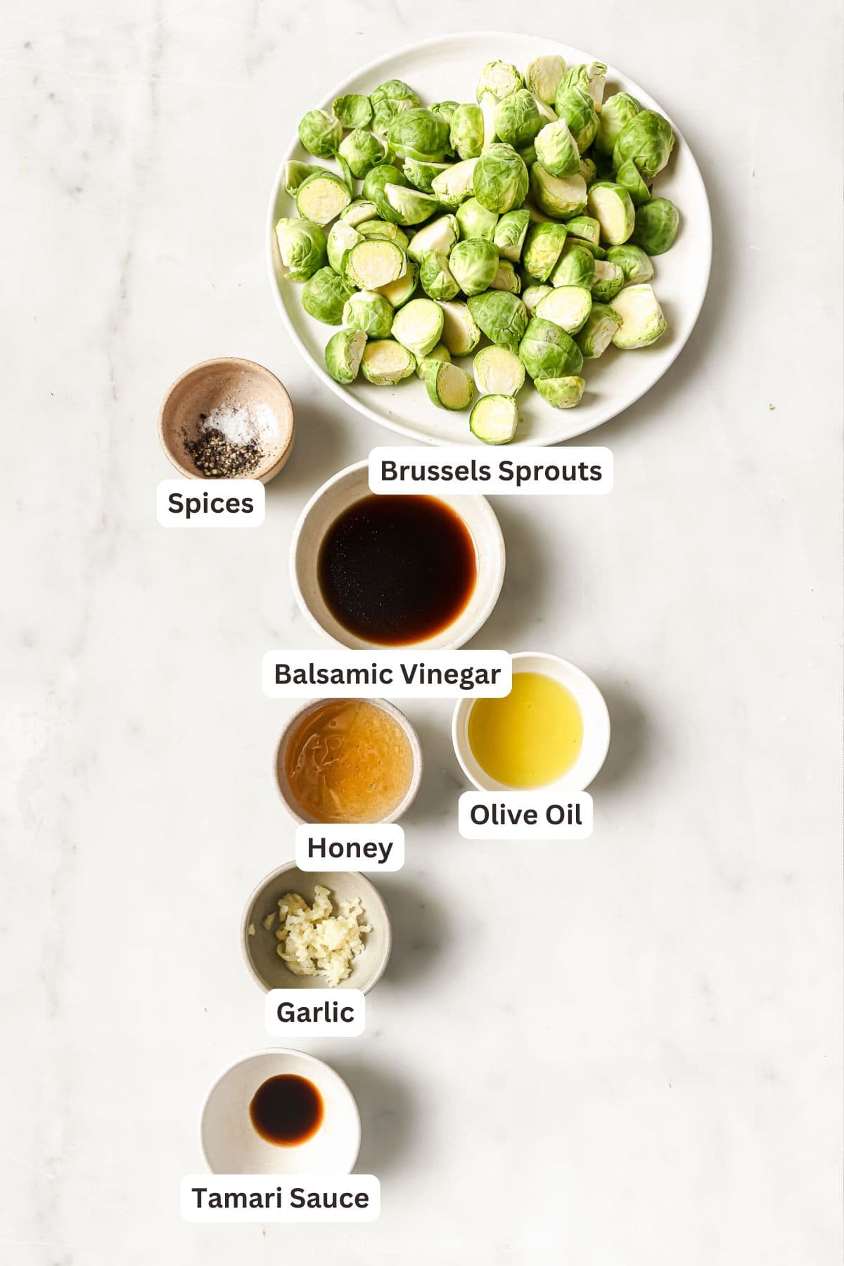 Overhead view of ingredients for honey balsamic Brussels sprouts with labels