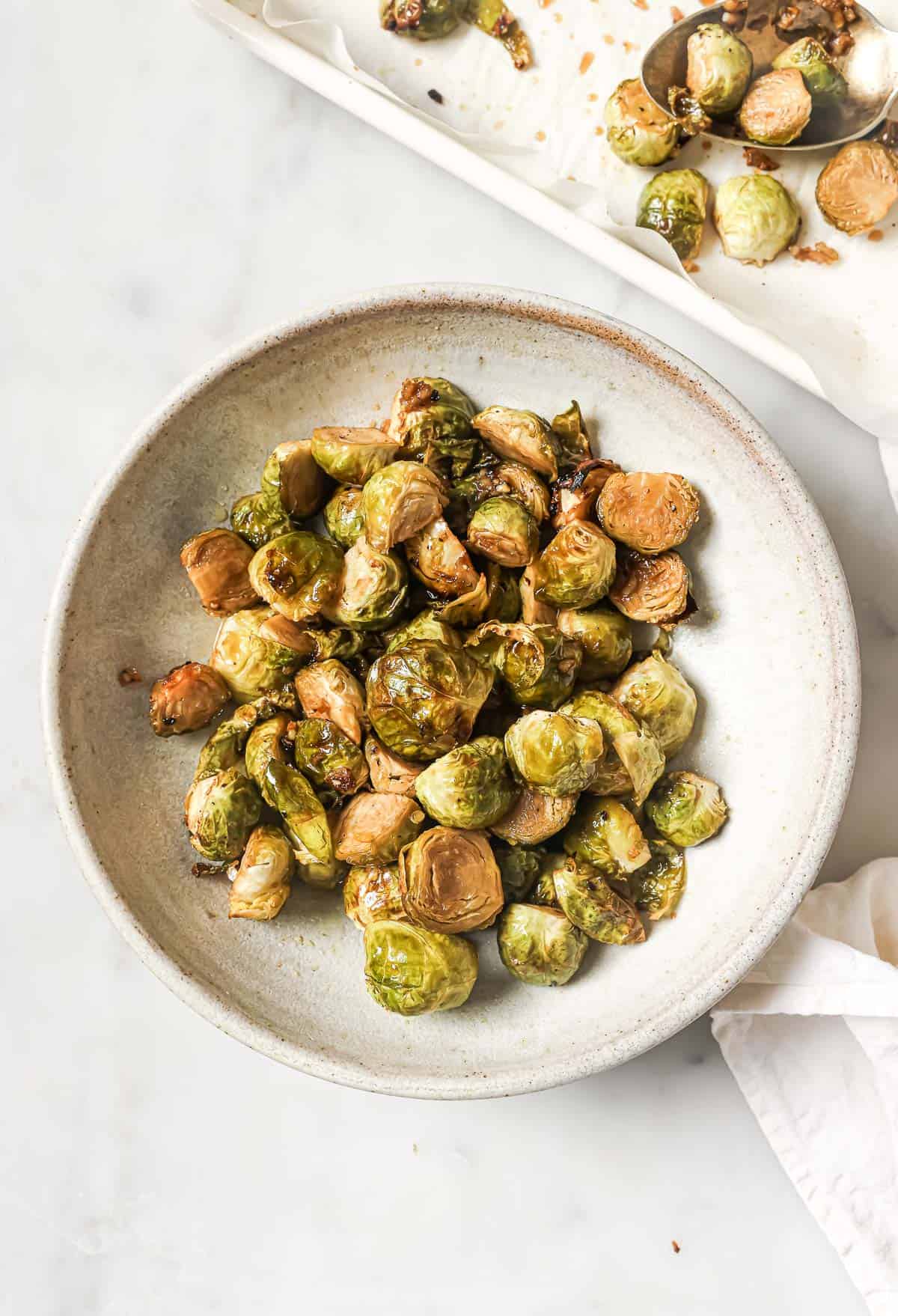 Bowl of honey balsamic Brussels sprouts