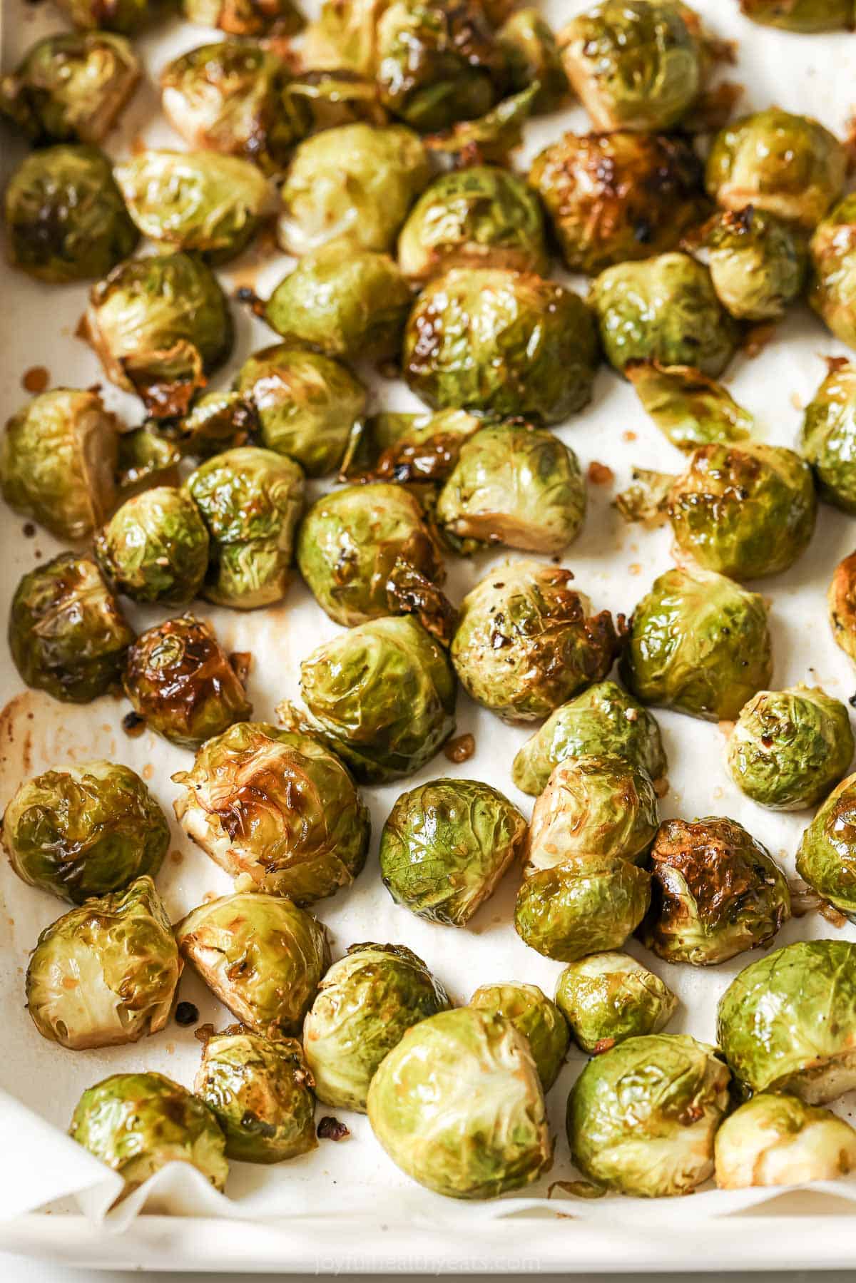Pan of honey balsamic Brussels sprouts