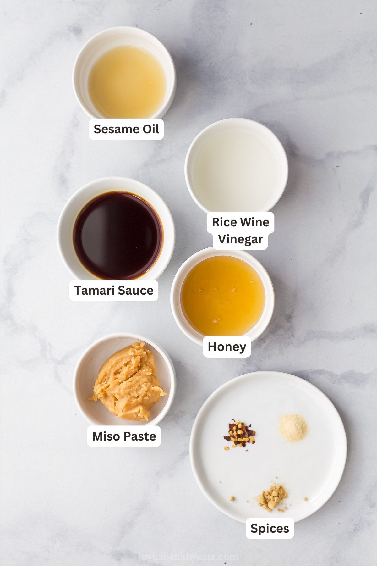 Overhead view of ingredients for miso glaze with labels
