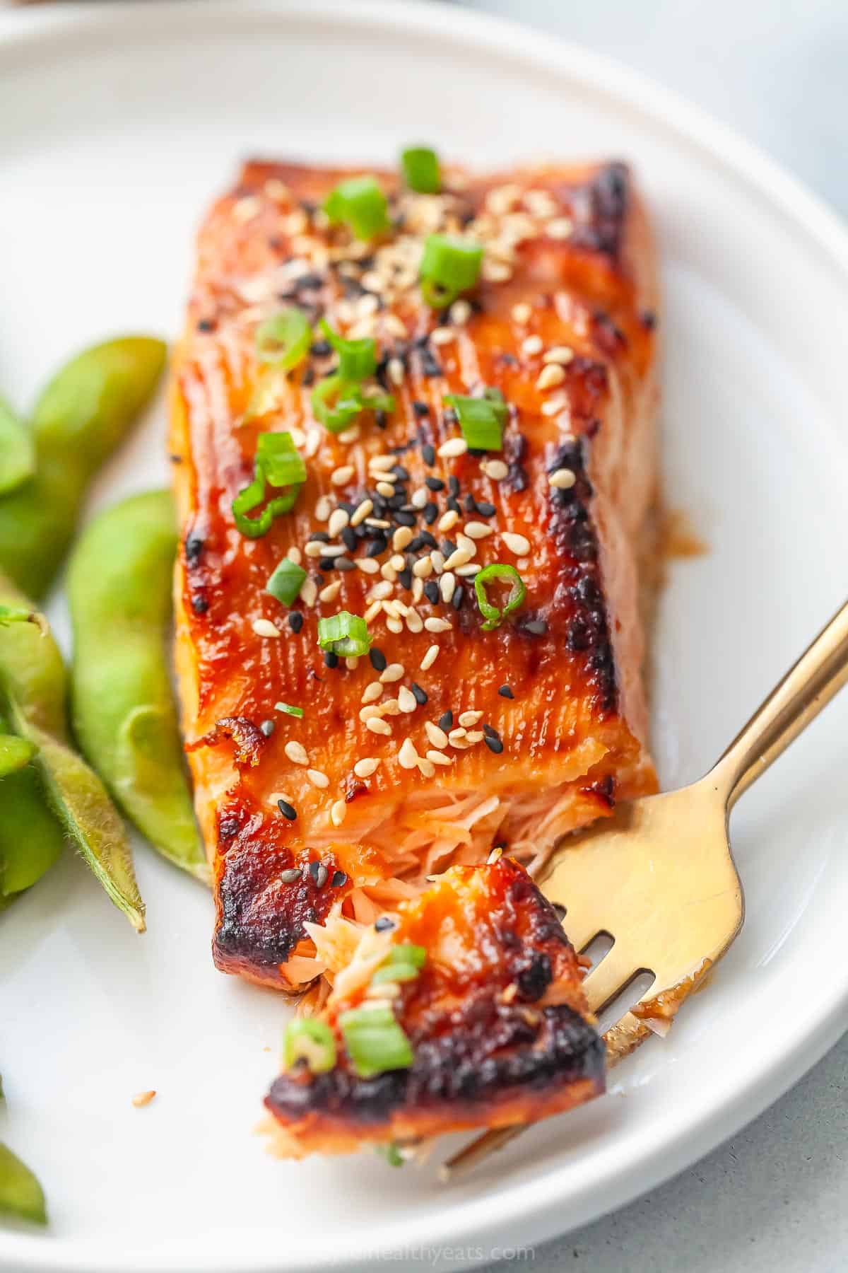 Miso salmon on plate with fork