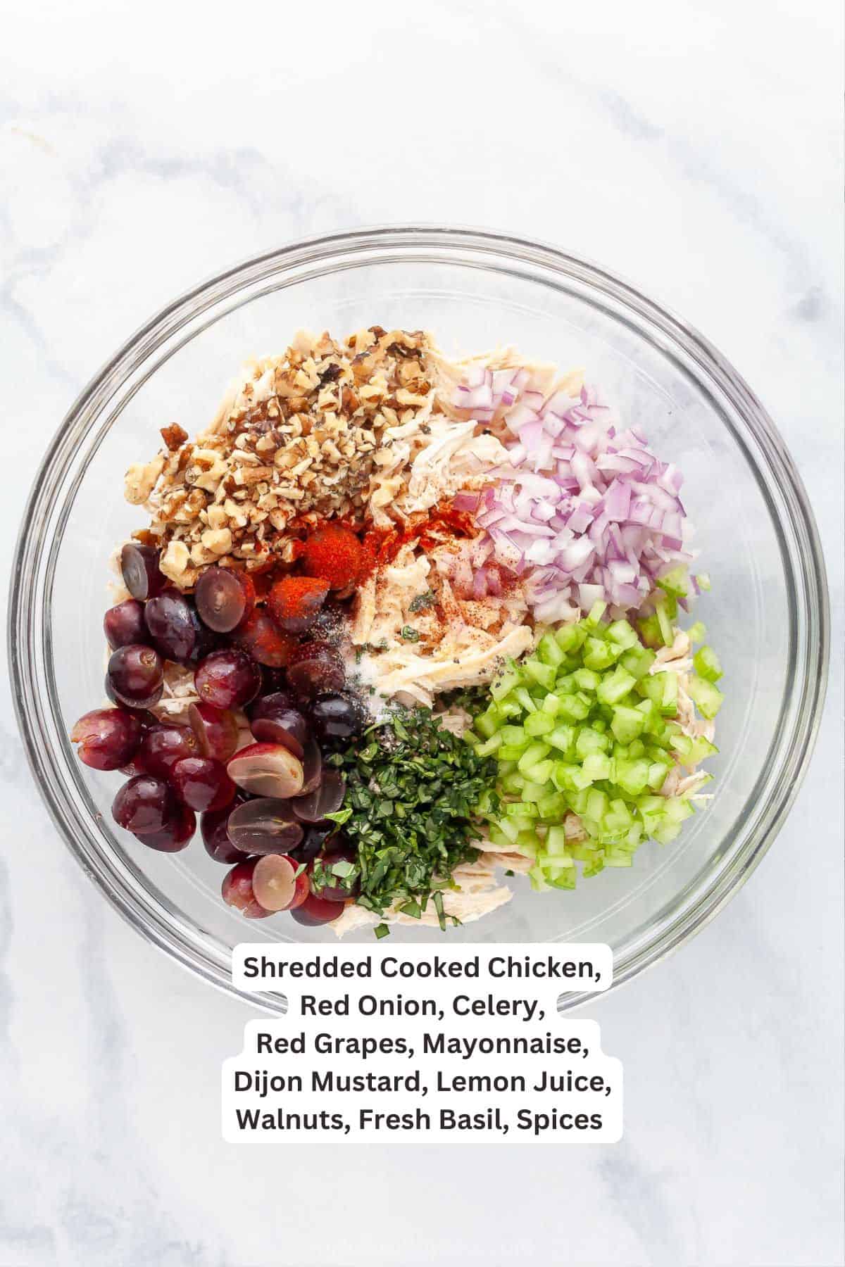 Overhead view of ingredients for Waldorf chicken salad