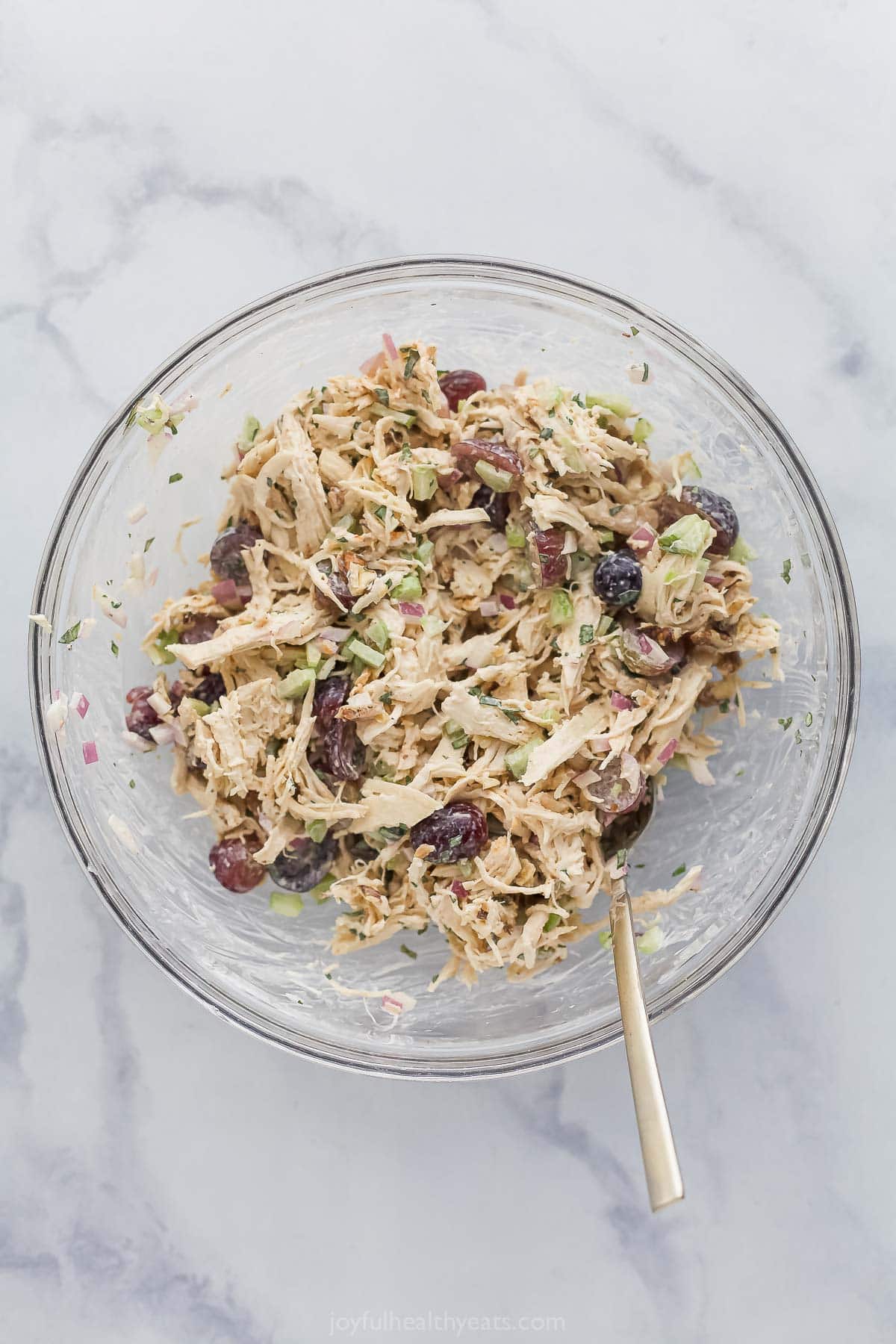 Overhead view of Waldorf chicken salad in bowl