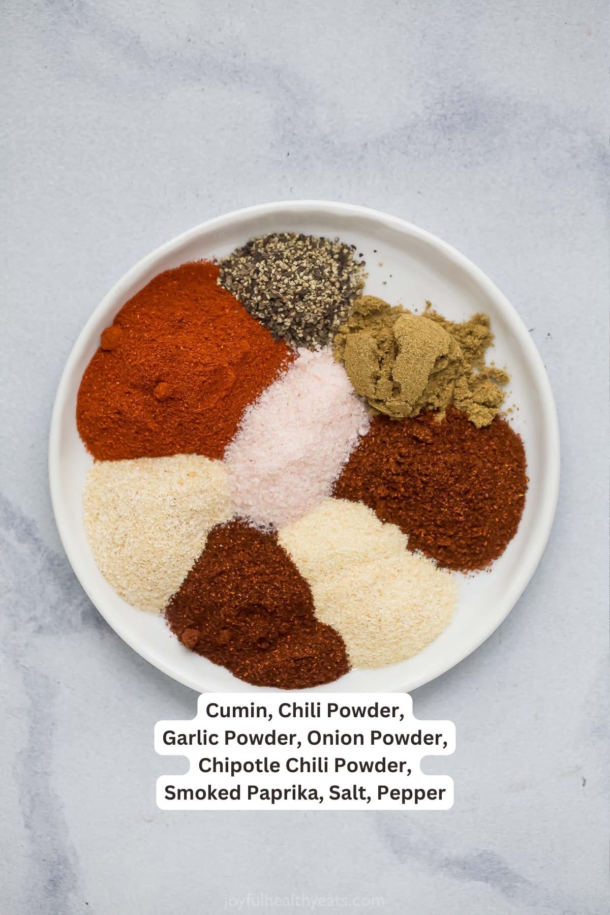 Overhead view of Southwest spice blend ingredients on plate