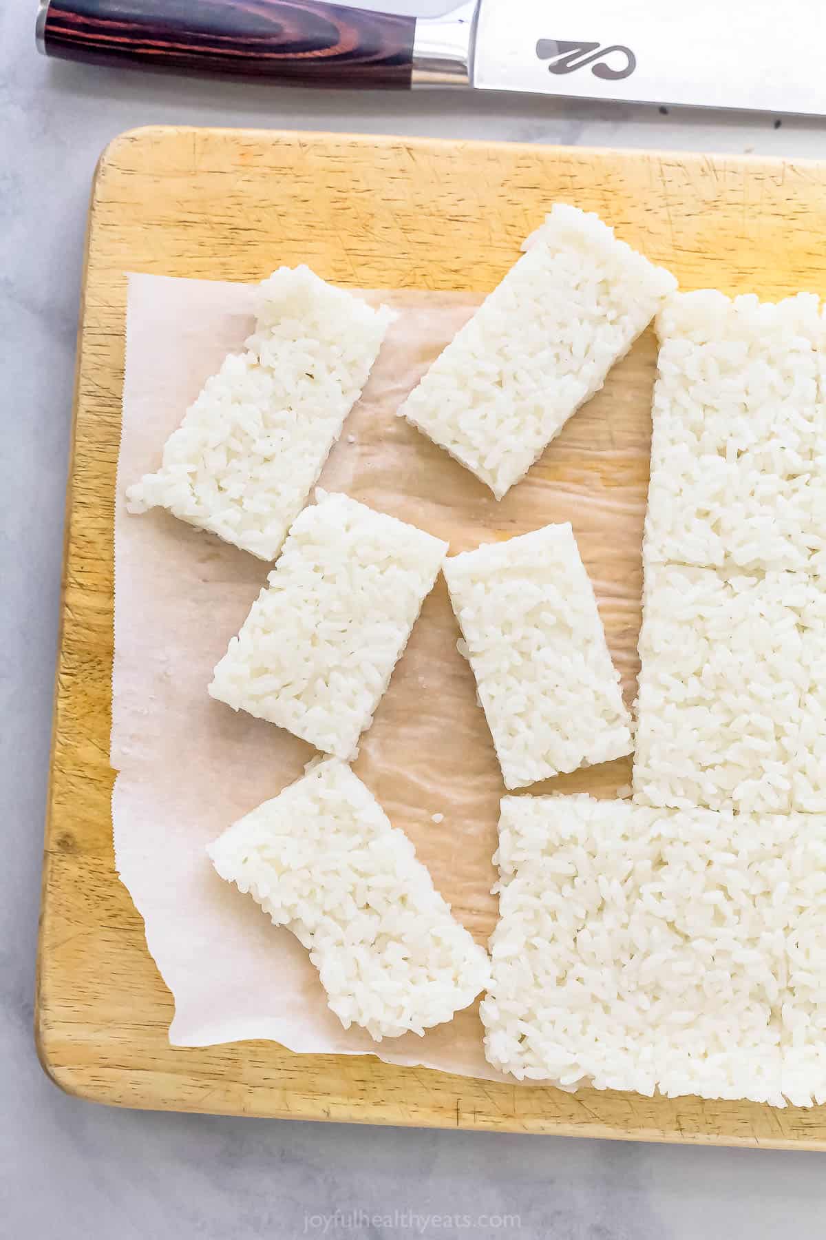 Overhead view of rice cut into rectangles