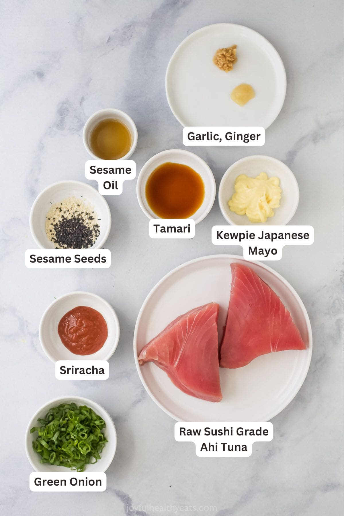 Overhead view of ingredients for spicy tuna
