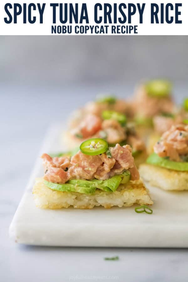 pinterest image for Spicy Tuna Crispy Rice Bites